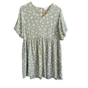 BOHME | Sage Green Floral V Neck Oversized Babydoll Puff Sleeve Dress | Small